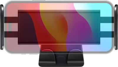 A black tablet holder is shown with a colorful abstract background displayed on the tablet screen.