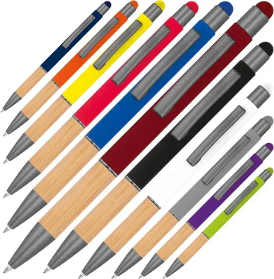 Produktbild von 10 Touchpen Kugelschreiber mit Griffzone aus Bambus / 10 Farben