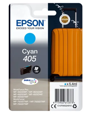 Packaging for an Epson Cyan 405 ink cartridge, featuring a stylized suitcase graphic.