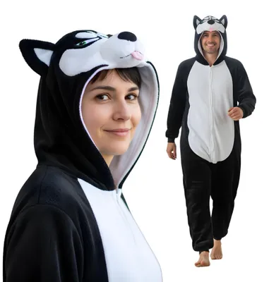 Produktbild von Onesie Kigurumi Pyjama Kostüm für Erwachsene, Schwarzer Husky, S: 145-155cm