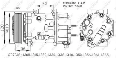 Produktbild von Klimakompressor 12 V Ø 119 mm SD7C16-1320 NRF für u.a. PEUGEOT 308