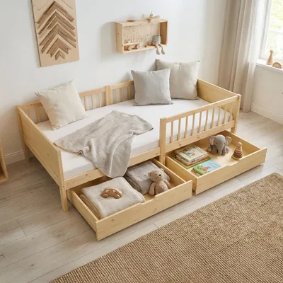 Produktbild von Homestyle4u Kinderbett 90x200 Holzbett mit Rausfallschutz 2 Bettkästen Lattenrost Natur 3230