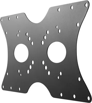 A black metal adapter plate with multiple holes for mounting.