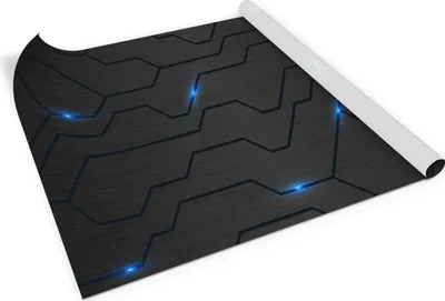 A rolled-up sheet of wallpaper or decal with a futuristic, dark gray wood-grain texture and a geometric pattern with glowing blue lines.