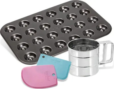 Produktbild von Zenker Husarenkrapfen-Set, 24er-Engelsaugen-Backblech mit Antihaftbeschichtung, Teigschaber zum Bestreichen, Puderzuckersieb zum Bestreuen, Husarenkrapferl selbst backen, Menge: 1 x 3er Set