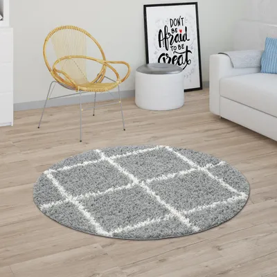 Produktbild von Hochflor Teppich Wohnzimmer Shaggy Skandi Modernes Rauten Muster Grau Creme Grösse Ø 160 cm Rund