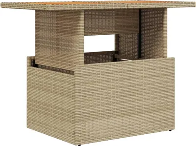 A beige poly rattan and acacia wood garden table.