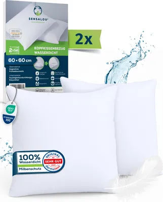 A product shot of two white pillowcases with packaging and marketing elements.