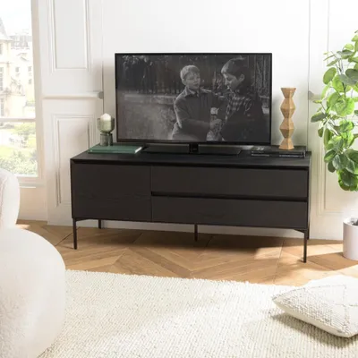 Image de MAXENDRE - Meuble TV en bois noir 1 porte 2 tiroirs pieds métal noir