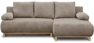 Image de Canapé d'angle convertible 3 places, MIKA, Velours côtelé taupe, Coffre de rangement, 192 x 84 x 93 cm