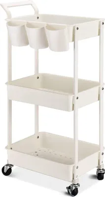 Image de Chariot de service blanc à trois étages avec roulettes