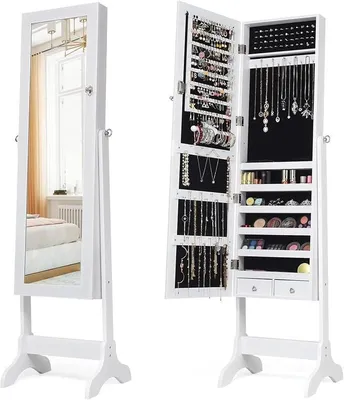 Imagen del producto de Espejo de cuerpo entero con armario para joyas, de pie. Armario espejo con ajuste de inclinación. Almacenamiento para joyas, organizador de joyas, con cerradura. Espejo de pie con 5 estantes y 2 cajones, color blanco