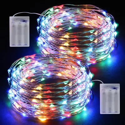 LED-Lichterkette, 2x12m, 120 bunte Mikro-LEDs, Batteriebetrieb, Silberdraht