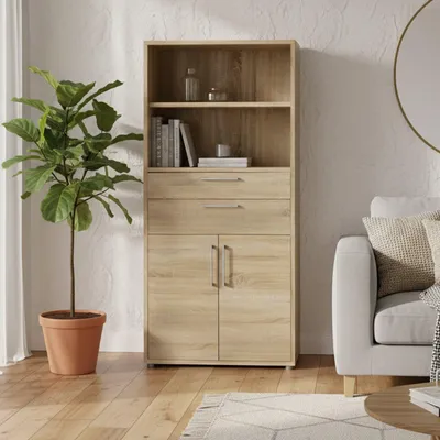 Image de Albidona - Buffet, 89x40x186h cm Chêne Marron, 2 Tiroirs