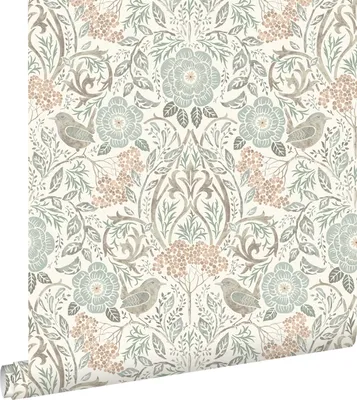 Zdjęcie produktu dla ESTAhome Tapeta kwiaty i ptaki w stylu secesyjnym szaro zielonym,brązowymIbrzoskwiniowego różu 53 cm x 10.05 m