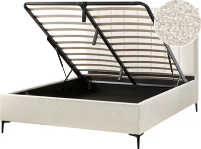 Produktbild von BELIANI Polsterbett Cremeweiß Bouclé Gesteppt mit Hohem Kopfteil Bettkasten Lattenrost 160x200 cm Hochklappbar für Schlafzimmer Doppelbett Ehebett
