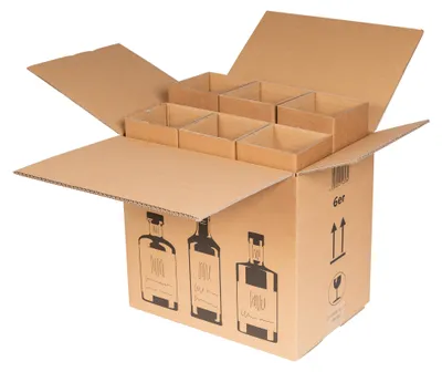 An open cardboard box designed for shipping bottles, with internal dividers. The box has graphics of bottles printed on the side.
