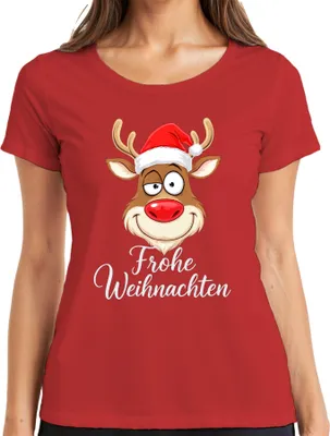 Produktbild von Frohe Weihnachten Rentier Rudolph Weihnachtsmütze Lustig Cartoon Damen T-Shirt, Rot, L