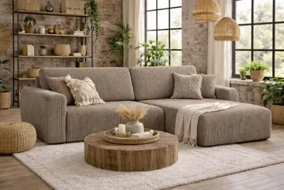 Produktbild von Kaiser Möbel Ecksofa mit Schlaffunktion und Bettkasten, Ariel L-Form moderne Cord Sofa, Stoff Poso, Dunkelbeige, Rechts