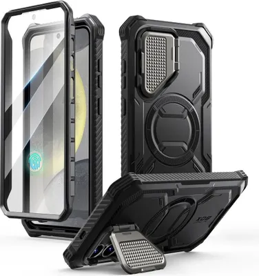 A collage of a black phone case with a built-in stand and screen protector.