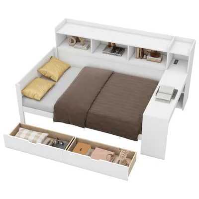 Produktbild von Jugendbett mit Schreibtisch und Bücherregal, 90x200 cm, Einzelbett mit Schubladen und Mehrfachsteckdose