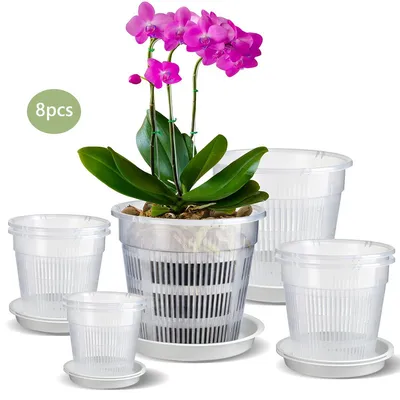 Produktbild von 8er Set transparente Orchideentöpfe,Pflanztopf Set mit Tablett, 4 Größen Kulturtopf (11–19 cm), Kunststoff Pflanztöpfe mit Drainagelöchern