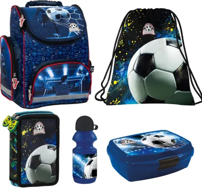 Produktbild von 5 tlg. Fussball Schulranzen Set - Tornister Federtasche Turnbeutel Brotdose Trinkflasche Football