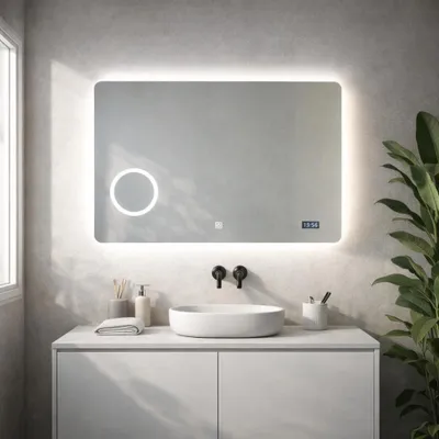 Immagine prodotto di Specchio a led 80x60 touch con orologio digitale e lente ingranditore