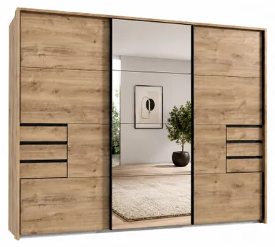 Obrázek produktu pro Skříň s posuvnými dvířky, šatní skříň, 3 dvířka, výška 273 cm, Imitace dub, zrcadlo a pasparta / 22618