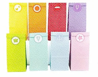 Produktbild von 24 bunte Geburtstagstüten aus Papier, 20x8x6cm, inklusive 24 Aufkleber