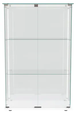 Produktbild von Glasvitrine - Schaukasten - 123,3×78,5×35 cm - 3 Glasböden - LED-Beleuchtung - 2 Türen mit Schloss - Standvitrine - Weiß