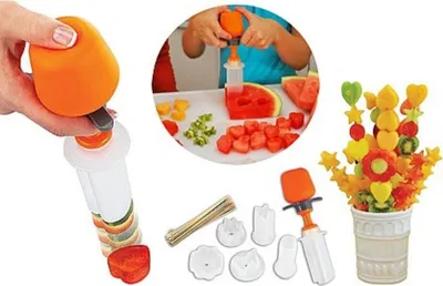 A collage showing a fruit and vegetable cutter set with various accessories and examples of its use.