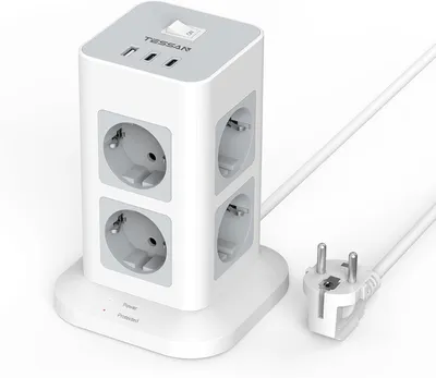 Produktbild von TESSAN Mehrfachsteckdose mit 2 USB C 8 Fach Verteilersteckdose mit Verlängerungskabel 2M Grau 3600W