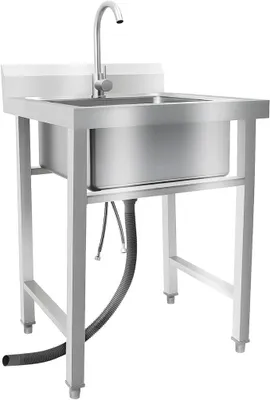 Productafbeelding van Vrijstaande spoelbak, roestvrij staal, spoelblad met 1 kom, geschikt voor buiten en kamperen, afmetingen 60 x 93 cm. Roestvrijstalen spoelbak met kraan voor koud en warm water. Vrijstaande spoelbak voor keukens, geschikt voor horeca en buitenkeukens