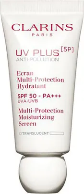 A tube of Clarins UV Plus sunscreen.
