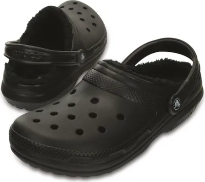 A pair of black Crocs clogs with faux fur lining are shown against a white background.
