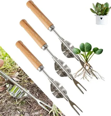 Produktbild von Famanu Unkrautstecher Edelstahl mit Holzgriff - V-förmiger Hand-Unkrautentferner