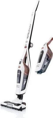 A cordless stick vacuum cleaner and its handheld unit are displayed against a white background.