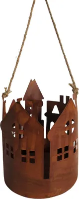 A hanging lantern shaped like houses, made of rusted metal, with a jute rope for hanging.