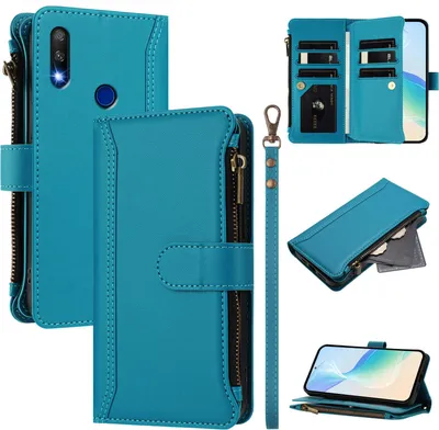 Image de Étui pour Huawei Y9 Prime 2019, fermeture éclair, étui à rabat en cuirPolyuréthaneavec poches pour cartes, support et boucle pour la main Lake blue