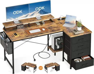 Obrázok produktu pre Stôl ODK v tvare L 140x80x84,7 cm so 4 zásuvkami a policou na monitor - hnedý