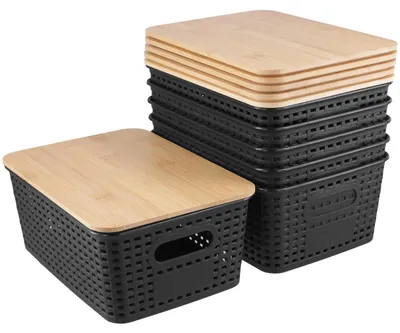 Obrázek produktu pro Sada 6 stohovatelných úložných boxů s bambusovým víkem – černý ratanový design