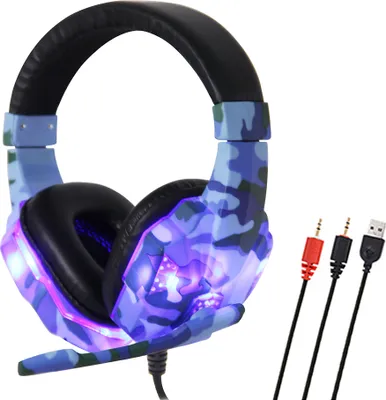 A gaming headset with camouflage pattern and LED lights.
