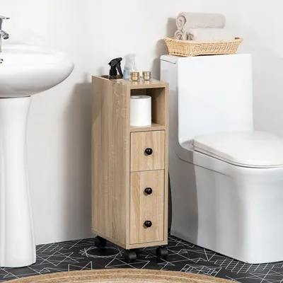 Image de Armoire étroite pour salle de bain, avec étagère, tiroir et compartiment, dimensions 18 x 30 x 68,5 cm, aspect bois en chêne