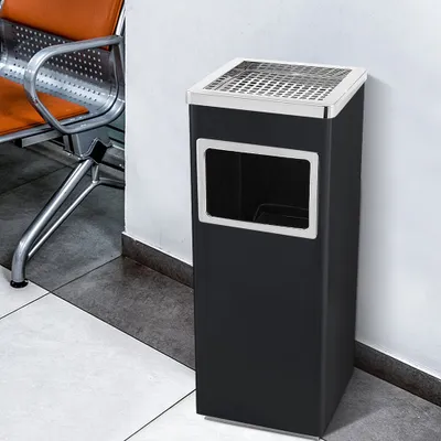 Produktbild von 2 in 1 Standaschenbecher mit Mülleimer, Stahl, 60cm, 35L, entnehmbarer Aschenbecher, Inneneimer, Ascher Schwarz
