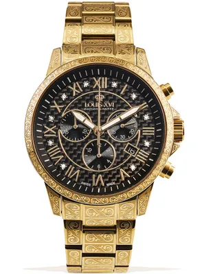 Obrázek produktu pro LOUIS XVI pánské náramkové hodinky Palais Royale ocelový náramek zlatý černý karbon pravé diamanty římské číslice chronograf analogový quartz nerezová ocel Swiss Made 1018