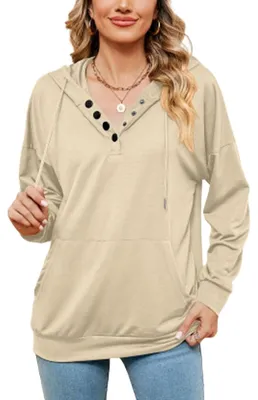 Produktbild von Buliezy Pullover Damen Hoodie Sweatshirt Knopfleiste Kapuzenpullover Langarm V-A