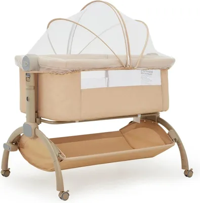 Image de Lit d'appoint pour bébé - Lit d'appoint/lit de voyage 3 en 1 - Moustiquaire amovible - Panier de rangement - Roulettes - Réglable en hauteur - Pour les enfants de 1 à 2 ans - Kaki