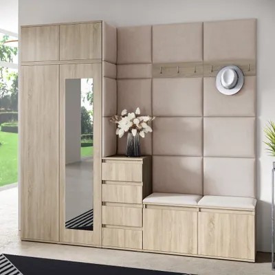 Produktbild von Garderoben-Set BERLIN – Kleiderschrank mit Polsterplatten, Schuhschrank und Schrankaufsatz, für Flur und Eingangsbereich (Sonoma Eiche, Trinity 02)