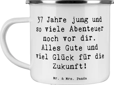 Produktbild von Mr. & Mrs. Panda Teebecher Spruch 37. Geburtstag Abenteuer - Weiß - Geschenk, Haferl, viel Glück, Emaille Becher, liebevoll, Alter, Happy Birthday, Campingbecher, Tasse